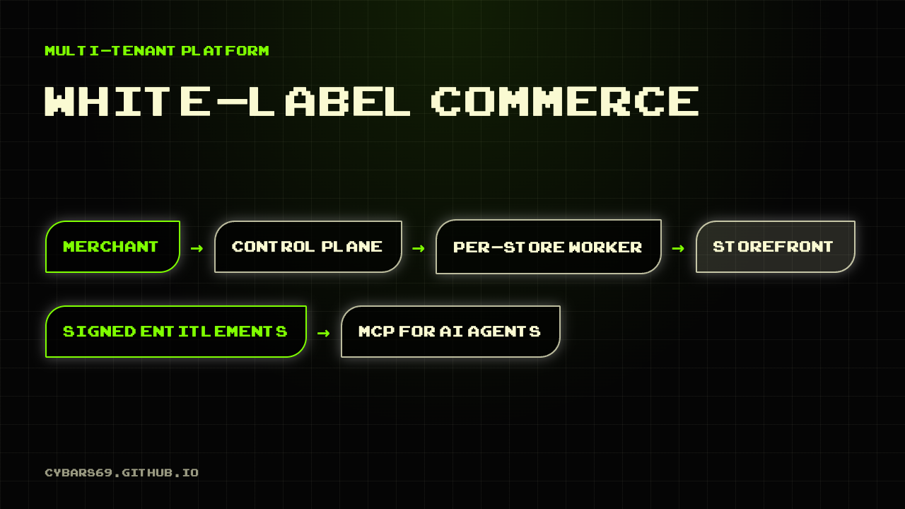Diagram: merchant, control plane, per-store Worker, storefront, with signed entitlements and MCP for AI agents