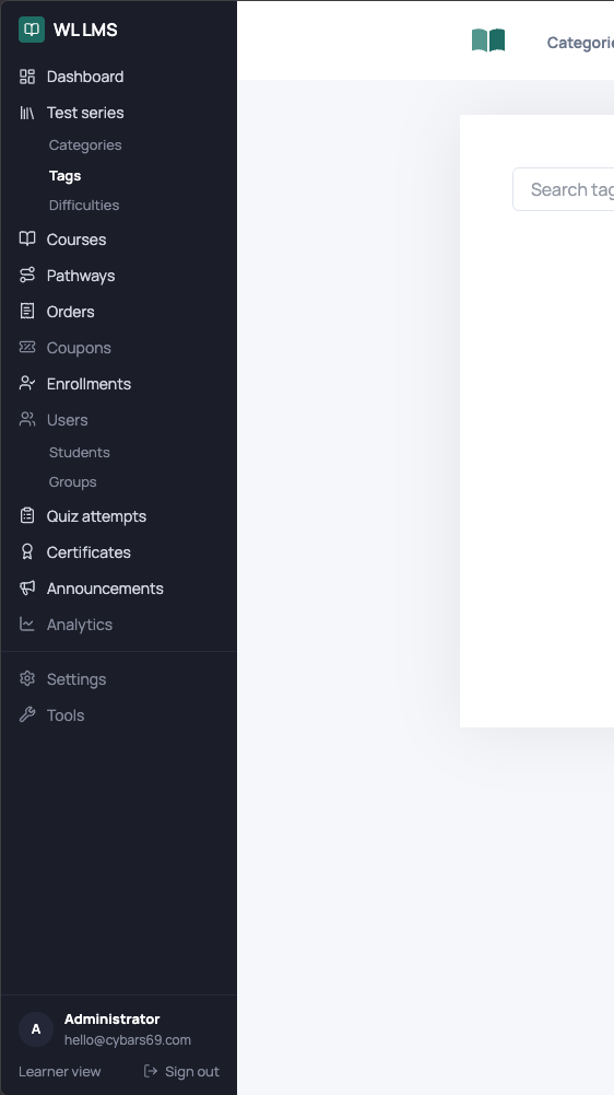 Before sidebar UX redesign showing a flat navigation hierarchy beside the WLLMS product workspace